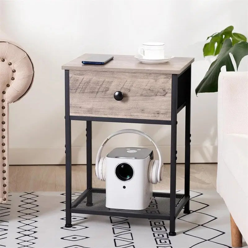 Comodini con parte superiore in legno greige set da 2, 1 cassetto e ripiano aperto
