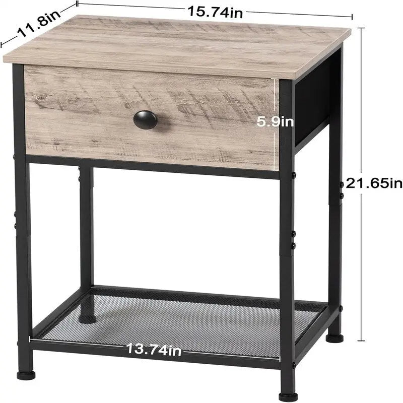Comodini con parte superiore in legno greige set da 2, 1 cassetto e ripiano aperto