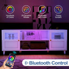 Mobile porta TV bianco con luci LED, mensole aperte e armadietto, adatto per TV fino a 65"