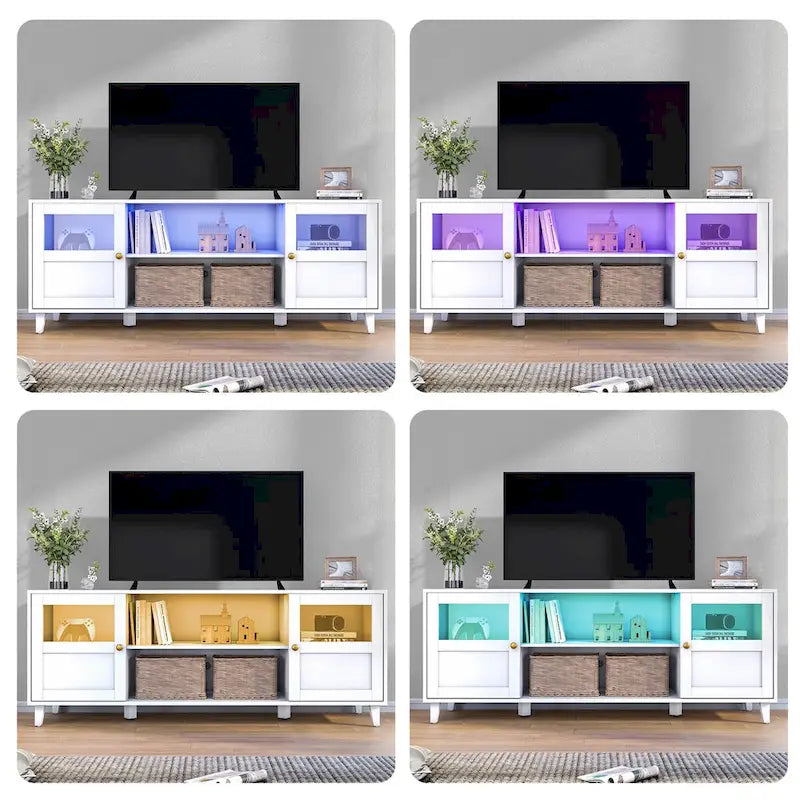 Mobile porta TV bianco con luci LED, mensole aperte e armadietto, adatto per TV fino a 65"