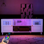Mobile porta TV bianco con luci LED, mensole aperte e armadietto, adatto per TV fino a 65"