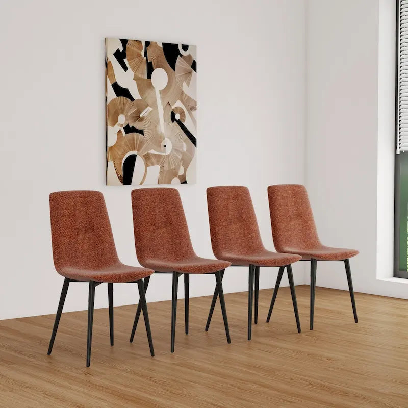 Set di 4 sedie da pranzo imbottite, sedile in tessuto di lino, gambe in metallo nero, caramello/beige/marrone/grigio/verde