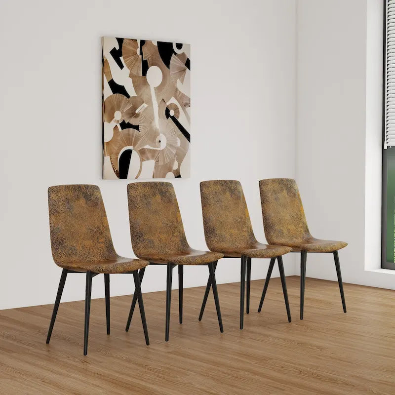 Set di 4 sedie da pranzo imbottite, sedile in tessuto di lino, gambe in metallo nero, caramello/beige/marrone/grigio/verde