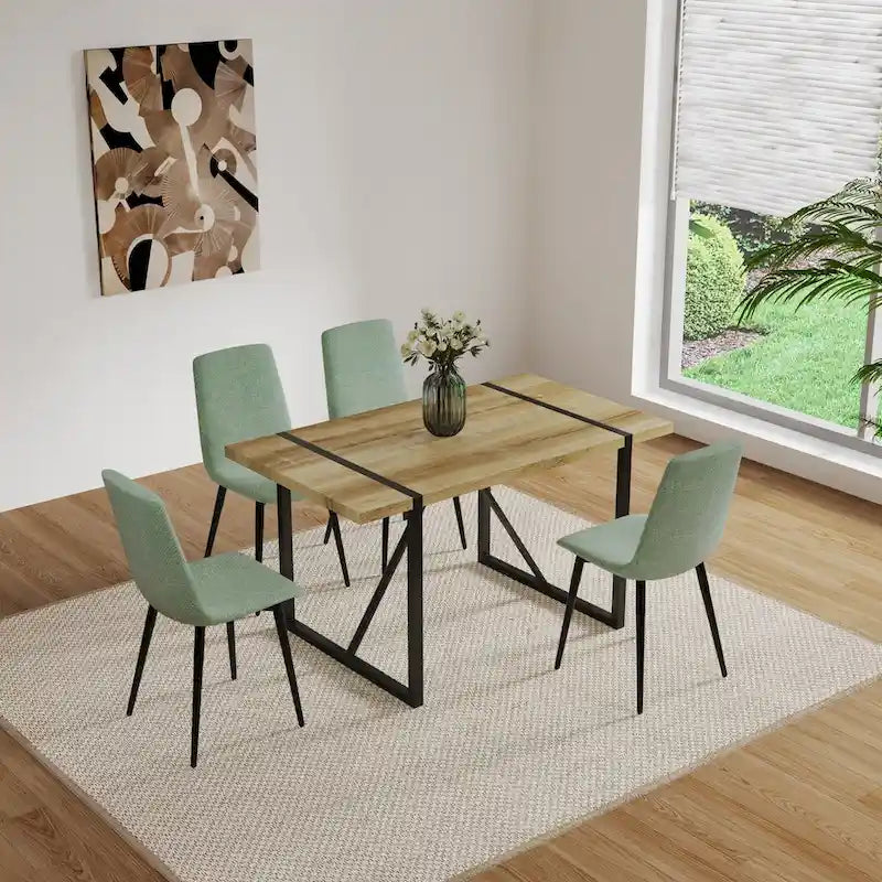 Set di 4 sedie da pranzo imbottite, sedile in tessuto di lino, gambe in metallo nero, caramello/beige/marrone/grigio/verde