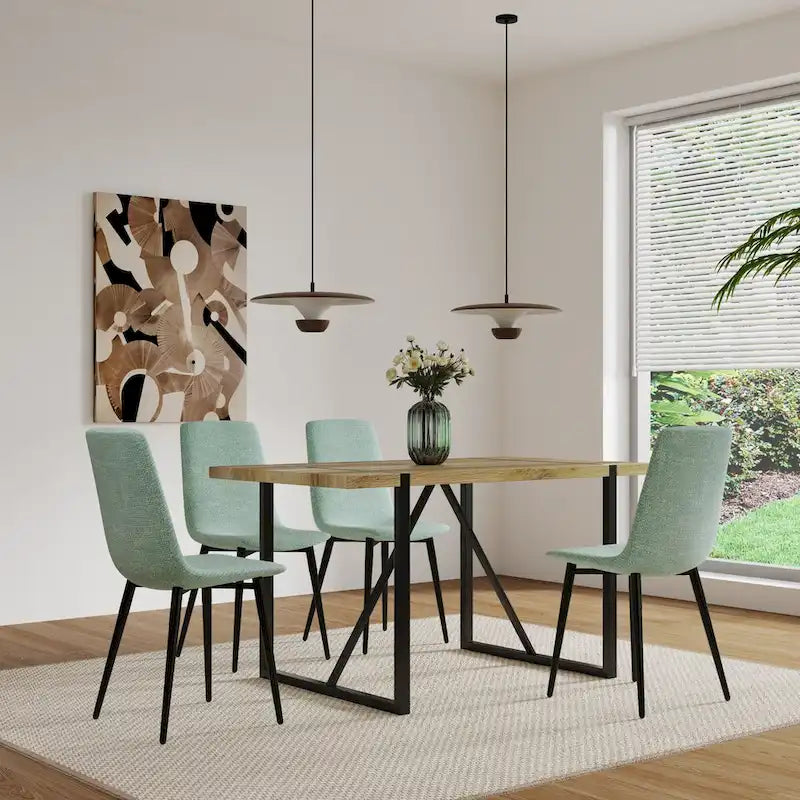 Set di 4 sedie da pranzo imbottite, sedile in tessuto di lino, gambe in metallo nero, caramello/beige/marrone/grigio/verde