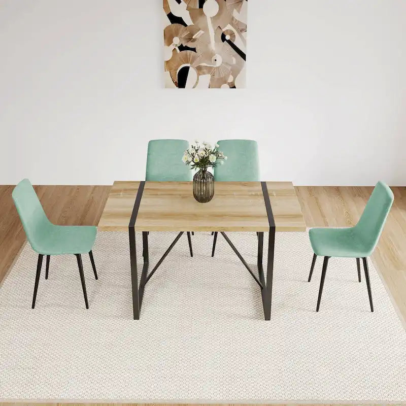 Set di 4 sedie da pranzo imbottite, sedile in tessuto di lino, gambe in metallo nero, caramello/beige/marrone/grigio/verde