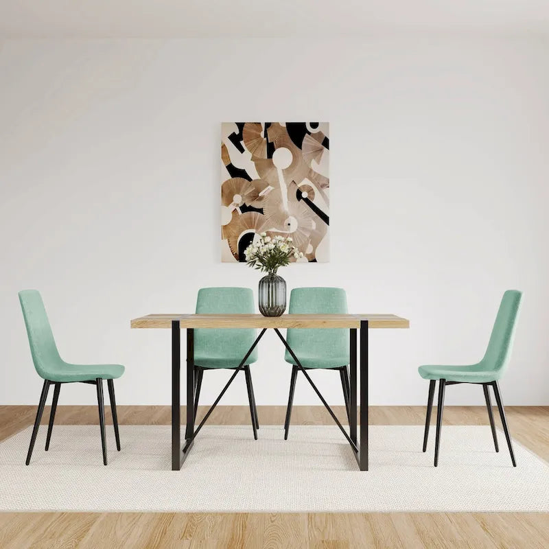 Set di 4 sedie da pranzo imbottite, sedile in tessuto di lino, gambe in metallo nero, caramello/beige/marrone/grigio/verde