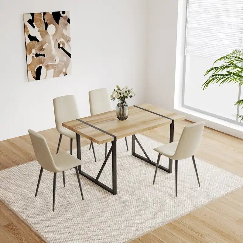 Set di 4 sedie da pranzo imbottite, sedile in tessuto di lino, gambe in metallo nero, caramello/beige/marrone/grigio/verde