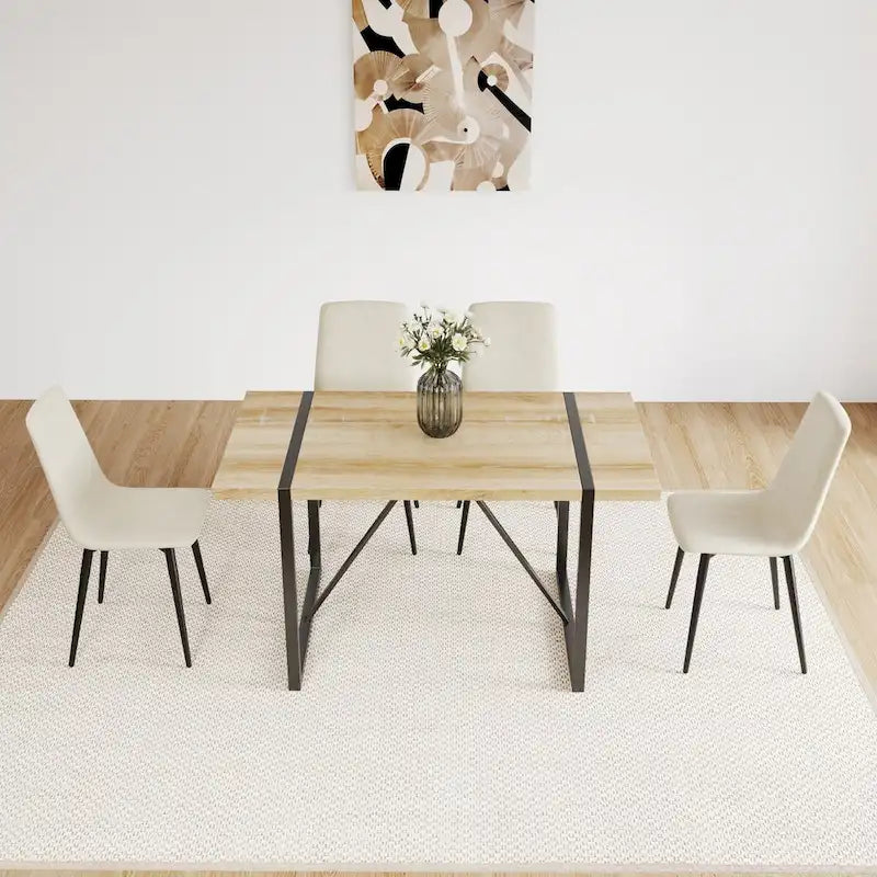 Set di 4 sedie da pranzo imbottite, sedile in tessuto di lino, gambe in metallo nero, caramello/beige/marrone/grigio/verde