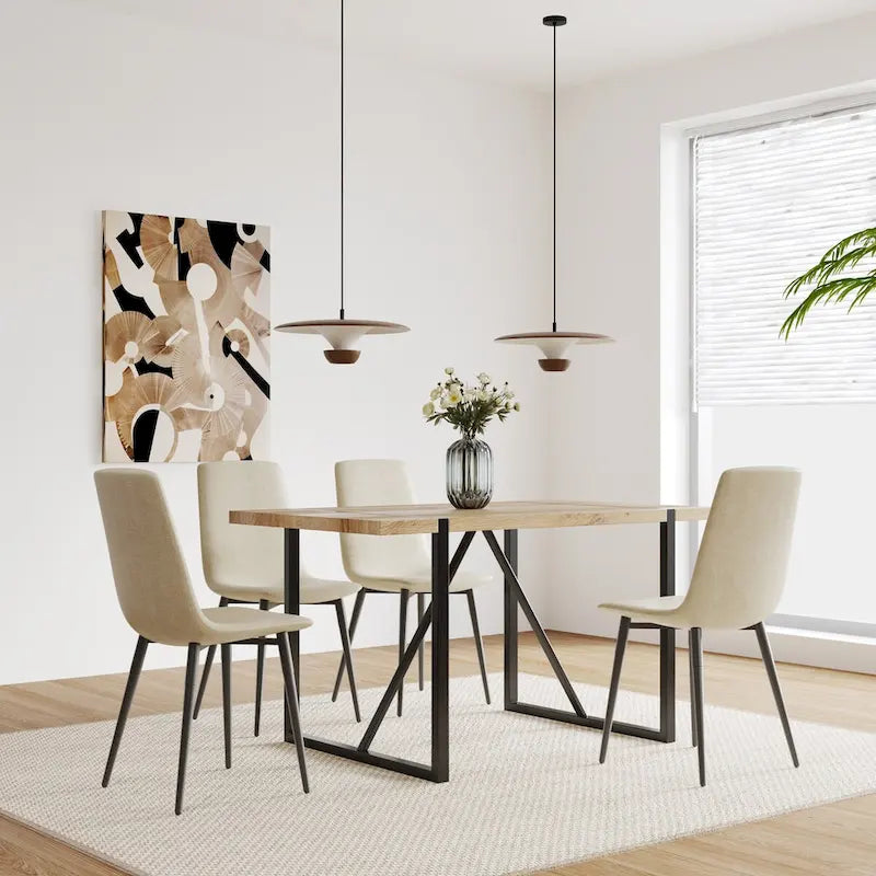 Set di 4 sedie da pranzo imbottite, sedile in tessuto di lino, gambe in metallo nero, caramello/beige/marrone/grigio/verde