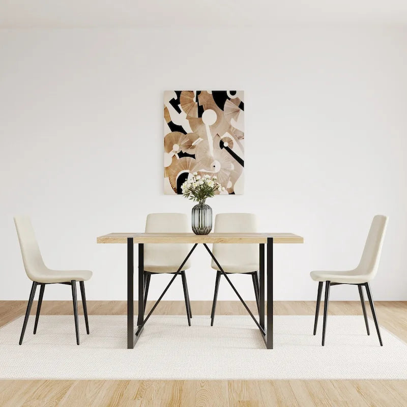 Set di 4 sedie da pranzo imbottite, sedile in tessuto di lino, gambe in metallo nero, caramello/beige/marrone/grigio/verde