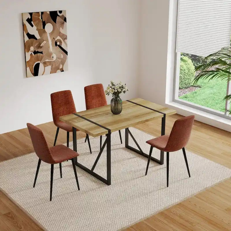 Set di 4 sedie da pranzo imbottite, sedile in tessuto di lino, gambe in metallo nero, caramello/beige/marrone/grigio/verde