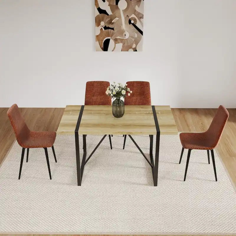 Set di 4 sedie da pranzo imbottite, sedile in tessuto di lino, gambe in metallo nero, caramello/beige/marrone/grigio/verde