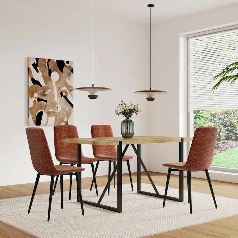 Set di 4 sedie da pranzo imbottite, sedile in tessuto di lino, gambe in metallo nero, caramello/beige/marrone/grigio/verde