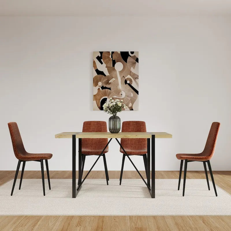 Set di 4 sedie da pranzo imbottite, sedile in tessuto di lino, gambe in metallo nero, caramello/beige/marrone/grigio/verde