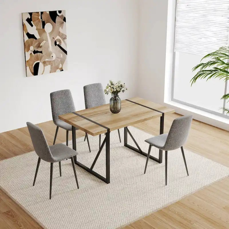 Set di 4 sedie da pranzo imbottite, sedile in tessuto di lino, gambe in metallo nero, caramello/beige/marrone/grigio/verde