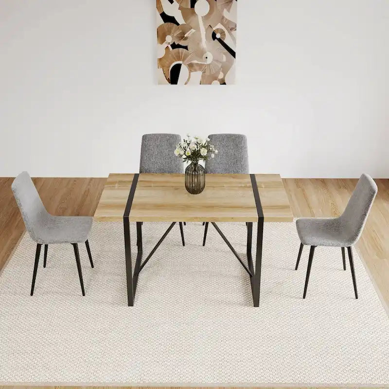 Set di 4 sedie da pranzo imbottite, sedile in tessuto di lino, gambe in metallo nero, caramello/beige/marrone/grigio/verde