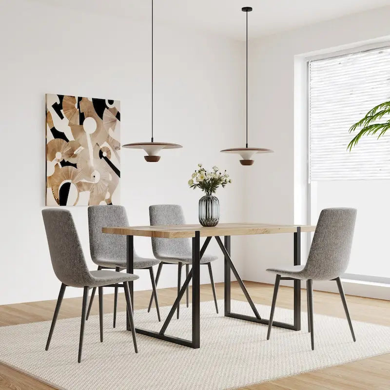 Set di 4 sedie da pranzo imbottite, sedile in tessuto di lino, gambe in metallo nero, caramello/beige/marrone/grigio/verde