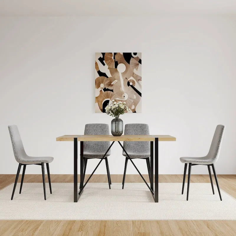Set di 4 sedie da pranzo imbottite, sedile in tessuto di lino, gambe in metallo nero, caramello/beige/marrone/grigio/verde