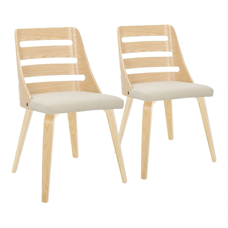 Sedia da pranzo con schienale a pioli e gambe in legno curvato, tessuto crema/grigio e legno naturale/noce, set da 2