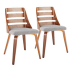 Sedia da pranzo con schienale a pioli e gambe in legno curvato, tessuto crema/grigio e legno naturale/noce, set da 2
