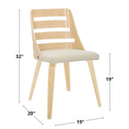 Sedia da pranzo con schienale a pioli e gambe in legno curvato, tessuto crema/grigio e legno naturale/noce, set da 2
