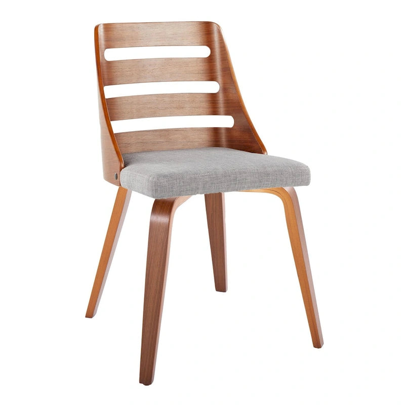 Sedia da pranzo con schienale a pioli e gambe in legno curvato, tessuto crema/grigio e legno naturale/noce, set da 2