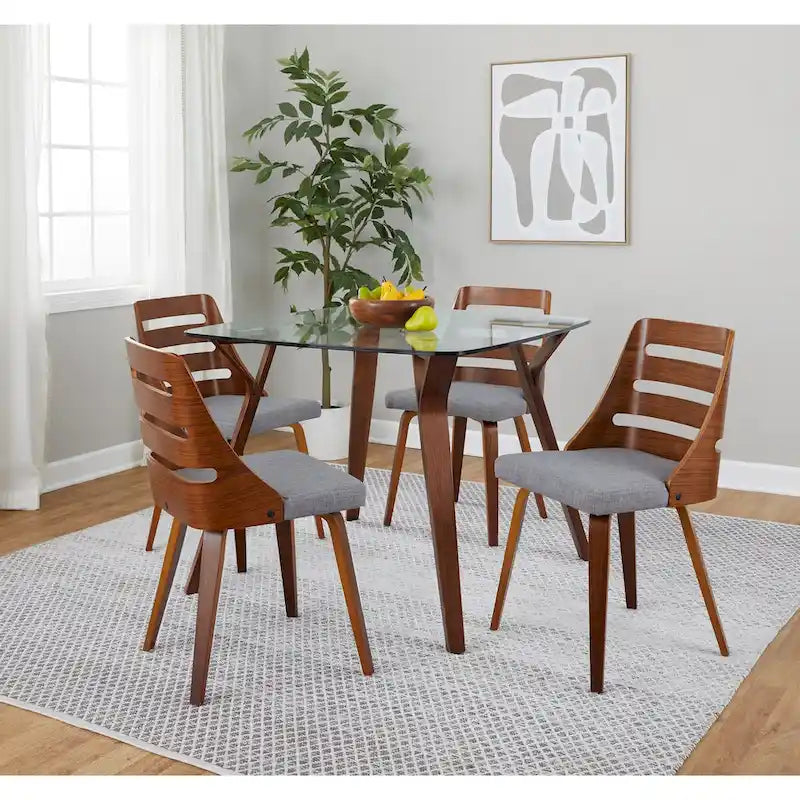 Sedia da pranzo con schienale a pioli e gambe in legno curvato, tessuto crema/grigio e legno naturale/noce, set da 2