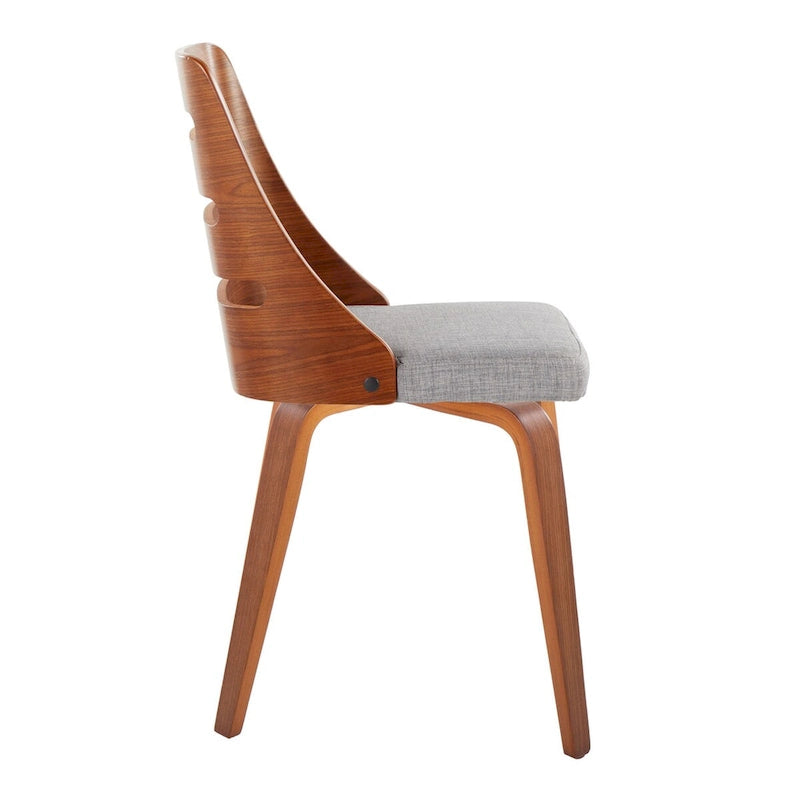 Sedia da pranzo con schienale a pioli e gambe in legno curvato, tessuto crema/grigio e legno naturale/noce, set da 2