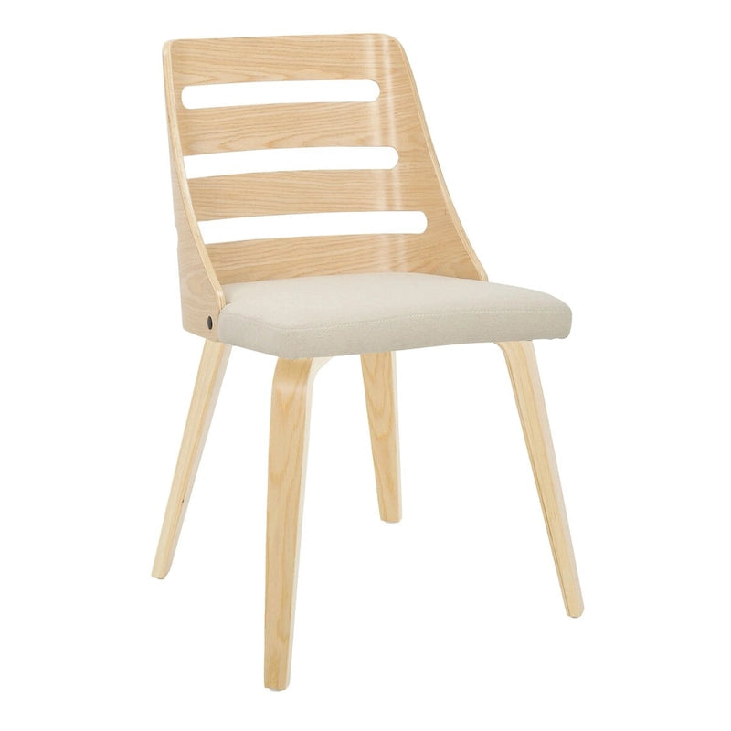 Sedia da pranzo con schienale a pioli e gambe in legno curvato, tessuto crema/grigio e legno naturale/noce, set da 2