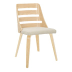 Sedia da pranzo con schienale a pioli e gambe in legno curvato, tessuto crema/grigio e legno naturale/noce, set da 2