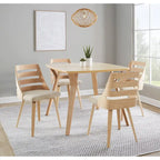 Sedia da pranzo con schienale a pioli e gambe in legno curvato, tessuto crema/grigio e legno naturale/noce, set da 2