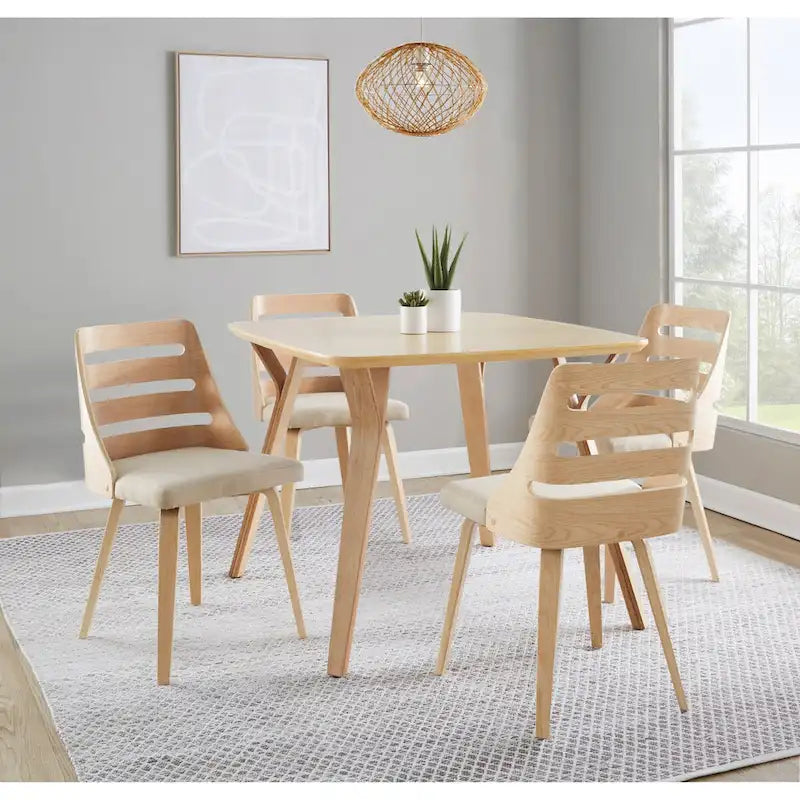 Sedia da pranzo con schienale a pioli e gambe in legno curvato, tessuto crema/grigio e legno naturale/noce, set da 2