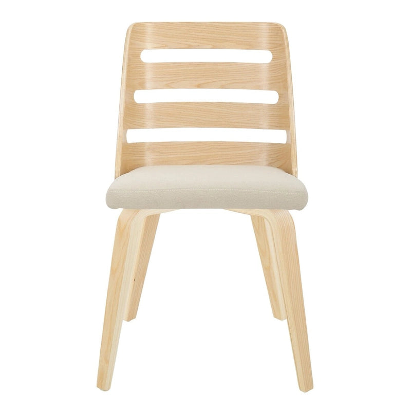 Sedia da pranzo con schienale a pioli e gambe in legno curvato, tessuto crema/grigio e legno naturale/noce, set da 2
