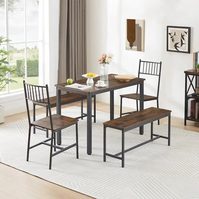 Set tavolo da pranzo industriale marrone/grigio con 2 panche e 2 sedie con schienale, 4 posti