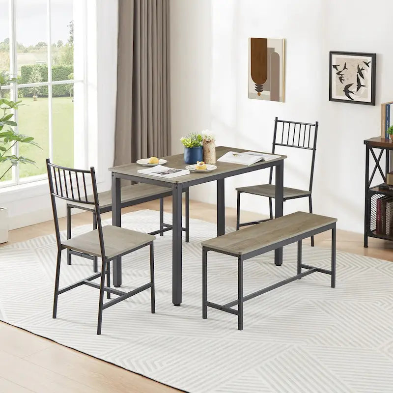 Set tavolo da pranzo industriale marrone/grigio con 2 panche e 2 sedie con schienale, 4 posti