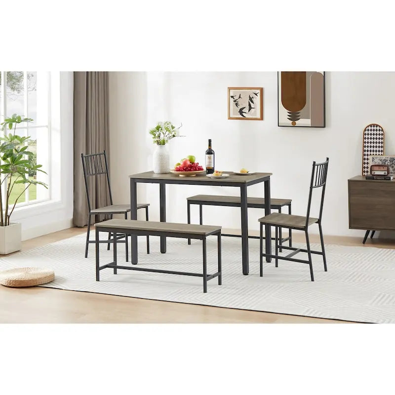 Set tavolo da pranzo industriale marrone/grigio con 2 panche e 2 sedie con schienale, 4 posti