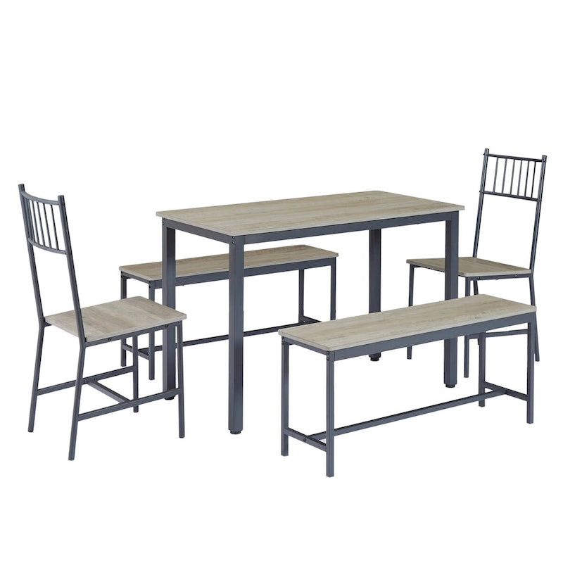 Set tavolo da pranzo industriale marrone/grigio con 2 panche e 2 sedie con schienale, 4 posti