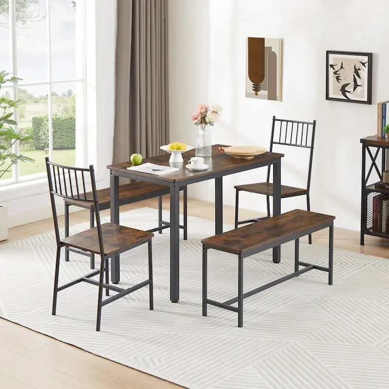 Set tavolo da pranzo industriale marrone/grigio con 2 panche e 2 sedie con schienale, 4 posti