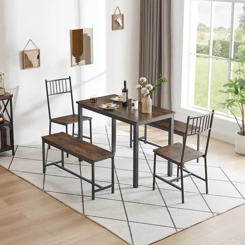 Set tavolo da pranzo industriale marrone/grigio con 2 panche e 2 sedie con schienale, 4 posti