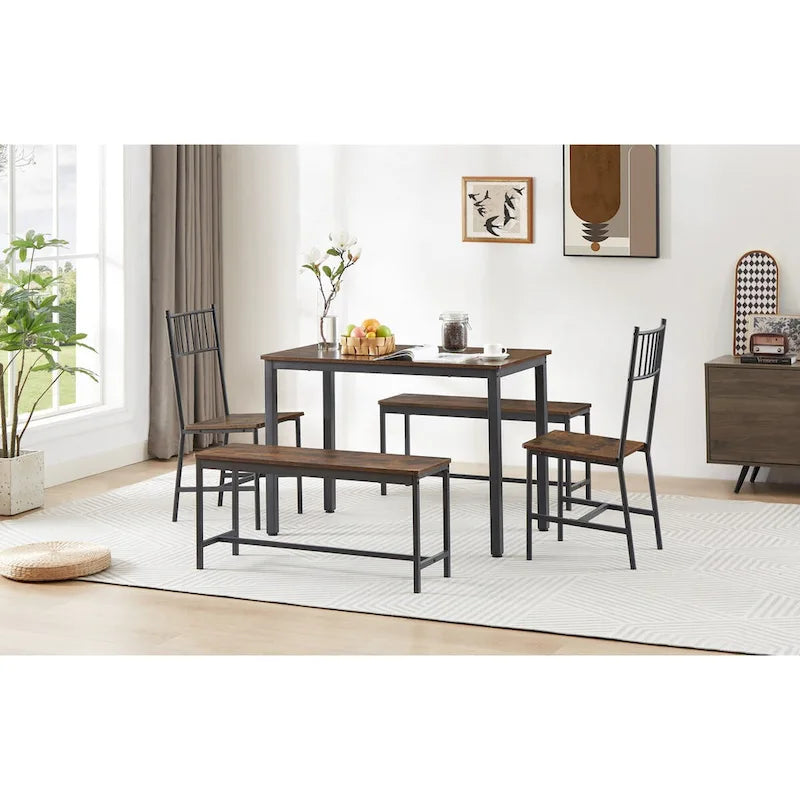 Set tavolo da pranzo industriale marrone/grigio con 2 panche e 2 sedie con schienale, 4 posti