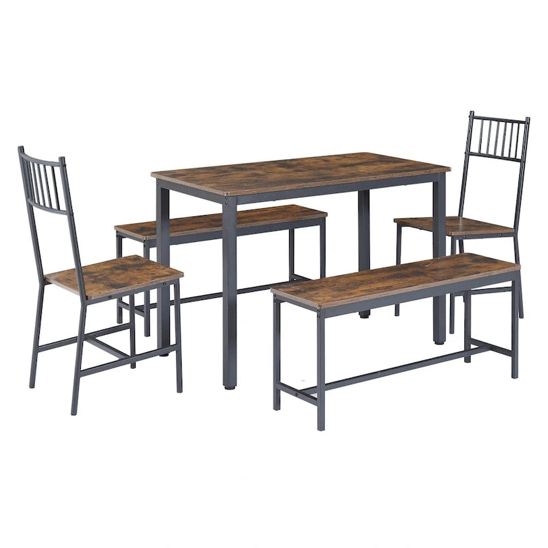 Set tavolo da pranzo industriale marrone/grigio con 2 panche e 2 sedie con schienale, 4 posti
