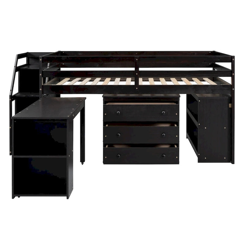 Letto a soppalco full-size Espresso/Grigio/Bianco con scrivania, cassetti e mensole, per 1