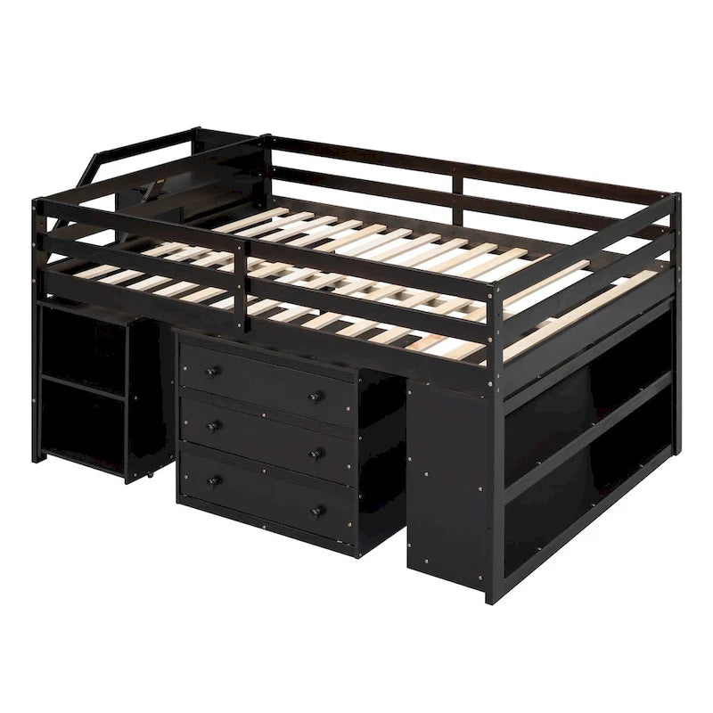 Letto a soppalco full-size Espresso/Grigio/Bianco con scrivania, cassetti e mensole, per 1