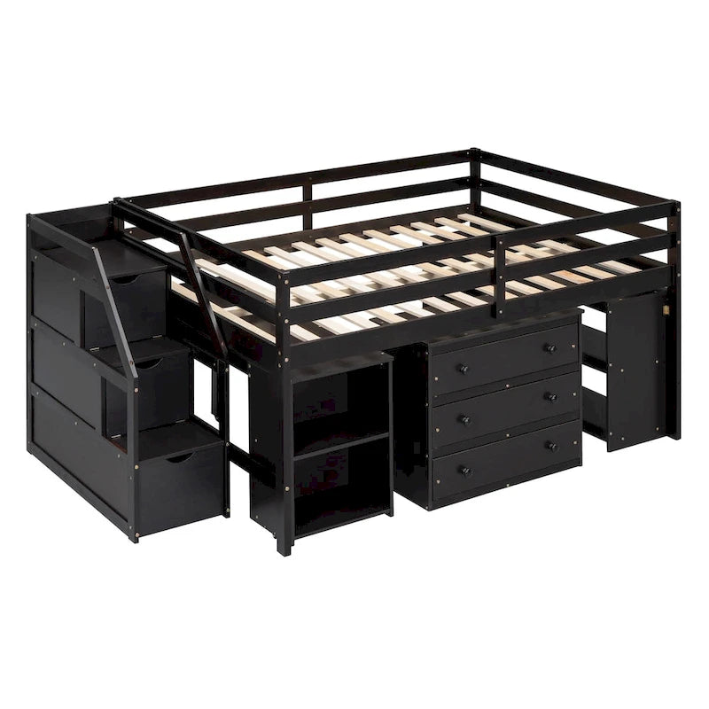 Letto a soppalco full-size Espresso/Grigio/Bianco con scrivania, cassetti e mensole, per 1