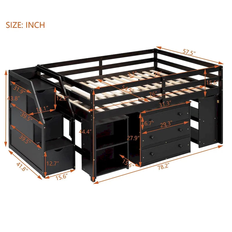 Letto a soppalco full-size Espresso/Grigio/Bianco con scrivania, cassetti e mensole, per 1
