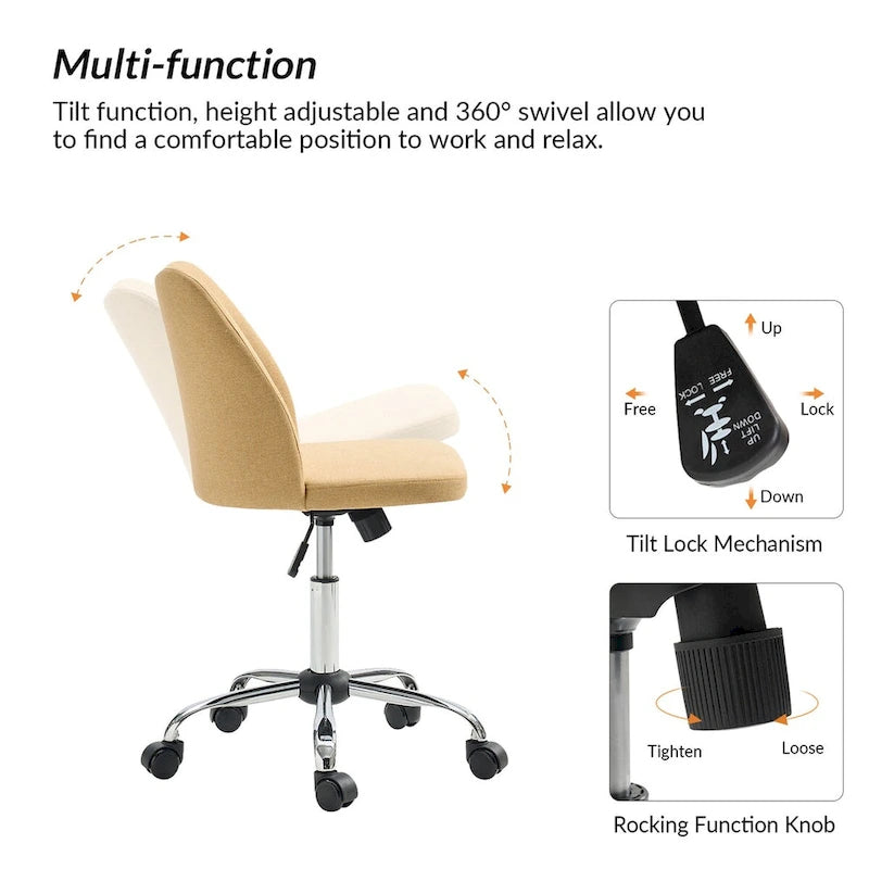 Sedia da ufficio senza braccioli grigia/marrone chiaro/avorio/senape/beige con ruote, regolabile in altezza, per 1 persona