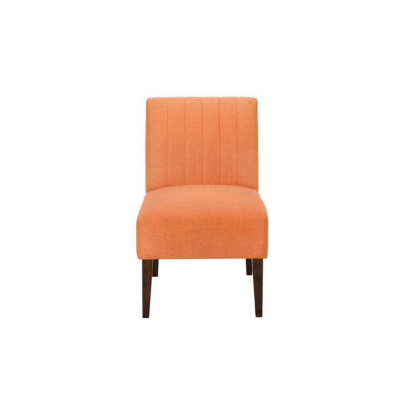 Poltroncina in tessuto arancione, schienale trapuntato a canali, gambe in legno marrone, 1 posto