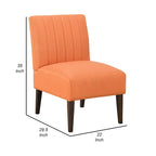 Poltroncina in tessuto arancione, schienale trapuntato a canali, gambe in legno marrone, 1 posto
