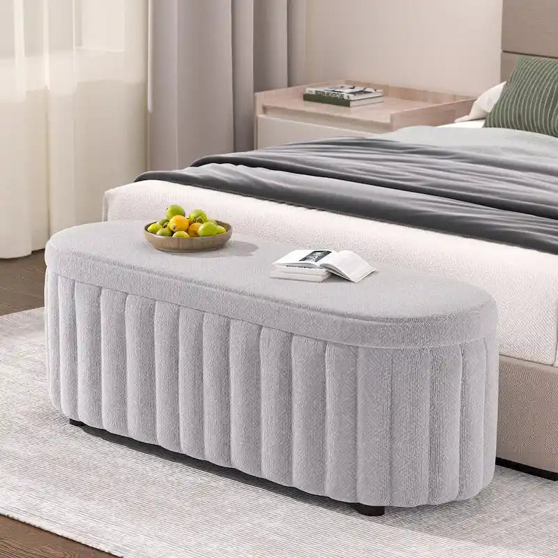 Panca pouf contenitore imbottita in lino grigio/bianco, 2-3 persone